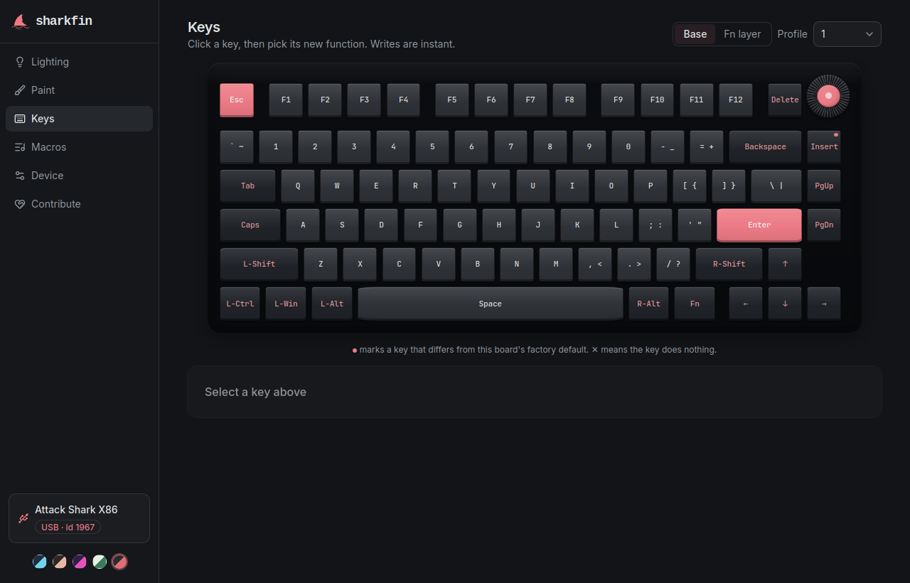 sharkfin keymap editor showing an Attack Shark X86 drawn key by key, in the 8008 colorway