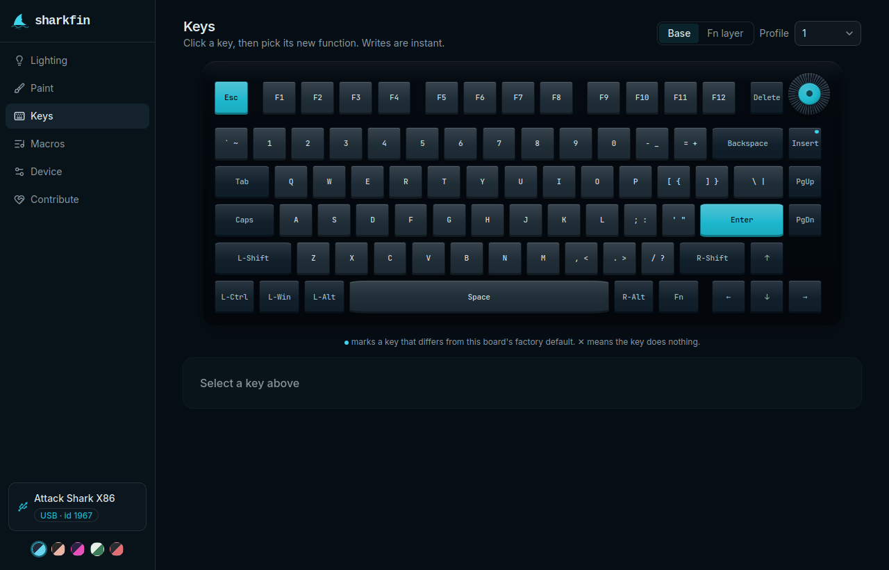 sharkfin keymap editor showing an Attack Shark X86 drawn key by key, in the Abyss colorway