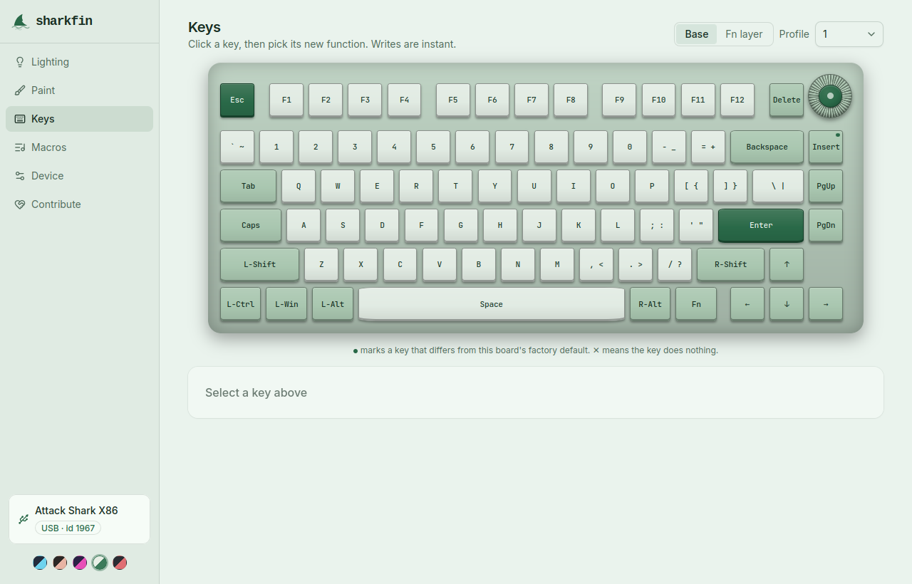 sharkfin keymap editor showing an Attack Shark X86 drawn key by key, in the Botanical colorway