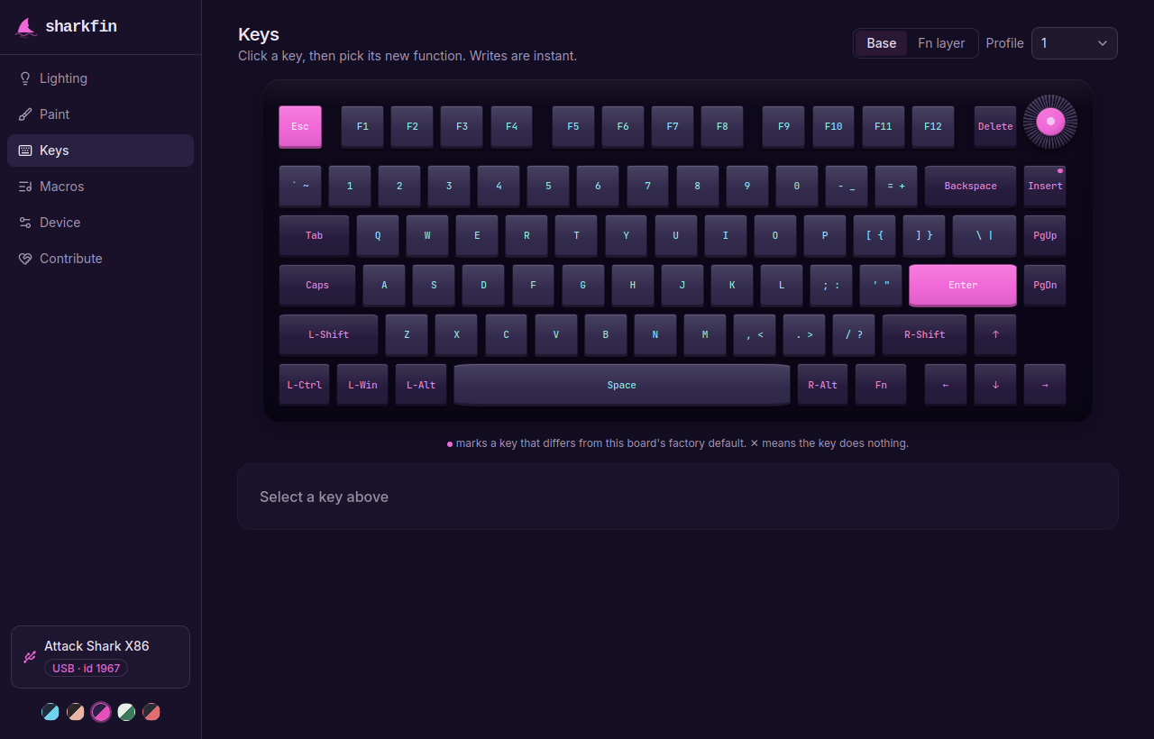 sharkfin keymap editor showing an Attack Shark X86 drawn key by key, in the Laser colorway