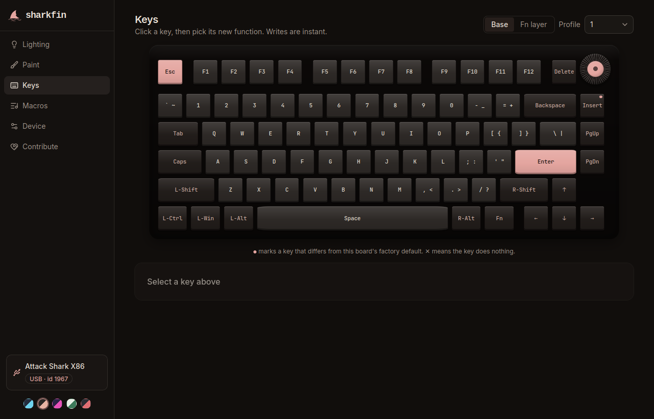 sharkfin keymap editor showing an Attack Shark X86 drawn key by key, in the Olivia colorway