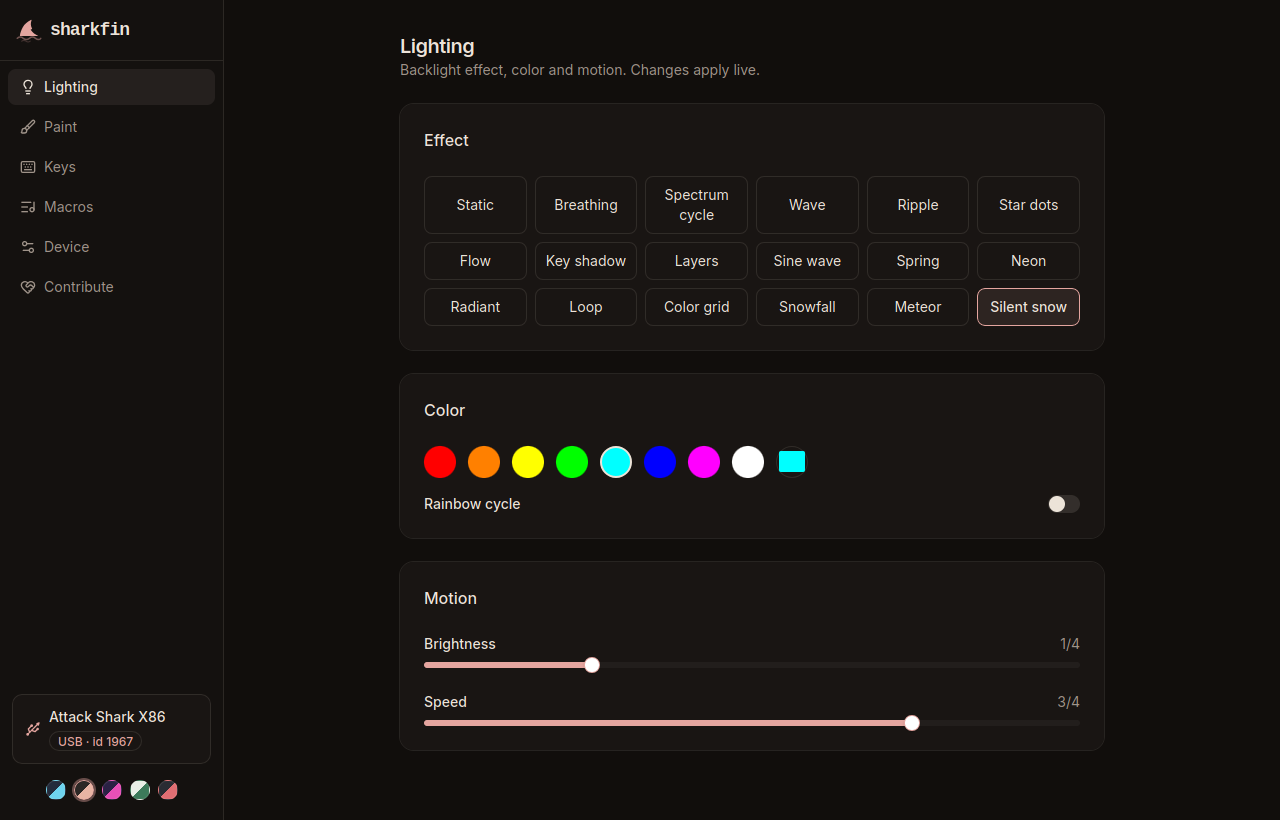 sharkfin lighting page in the Olivia colorway: 18 effects, color swatches, brightness and speed sliders